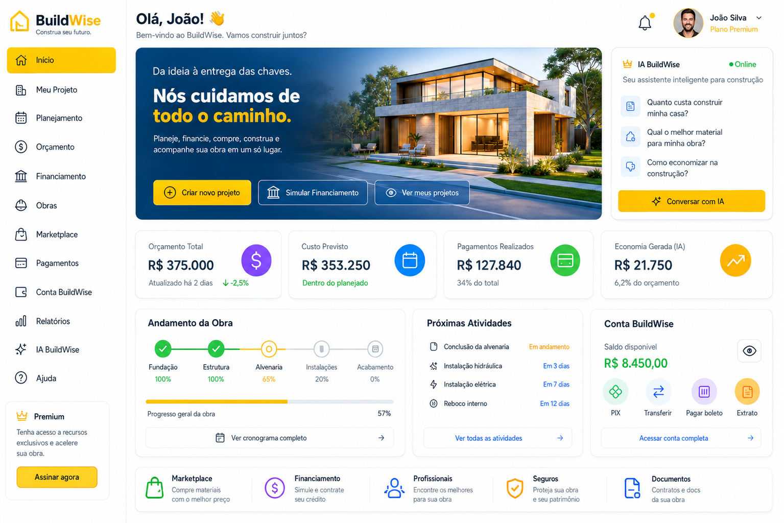 Painel claro do aplicativo BuildWise mostrando planejamento, orçamento, andamento da obra, conta digital e marketplace